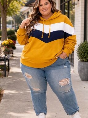 3xl Mustard Colorblock Hoodie | Chevron Stripe Sweatshirt | Casual Streetwear